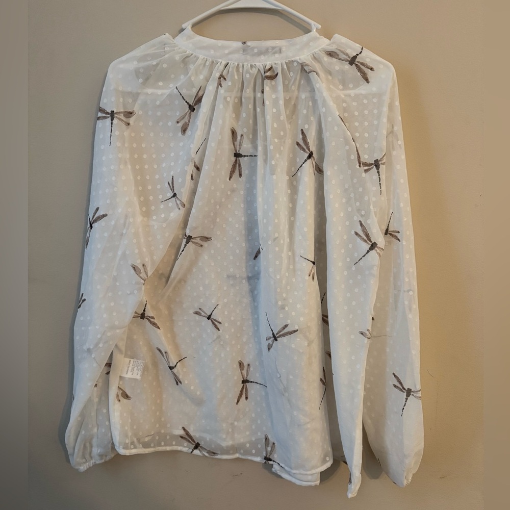 Emery Rose Women’s Large Sheer Long Sleeve Dragonfly Blouse w/ Sleeve Garters - Picture 2 of 7